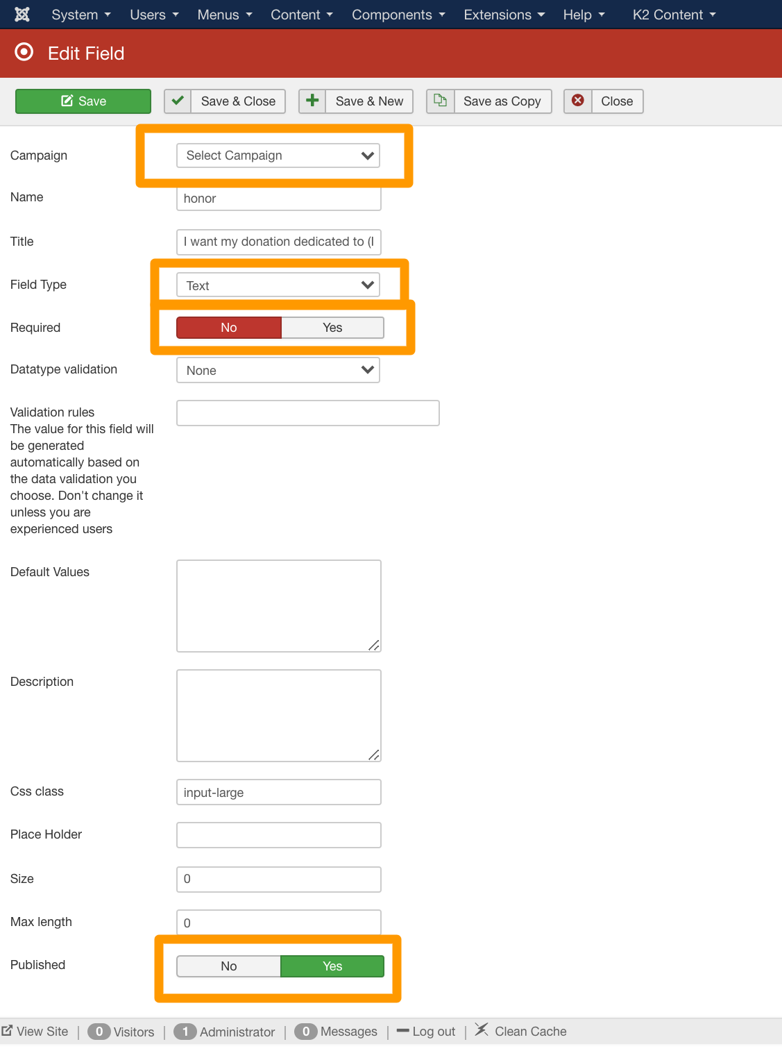 JoomDonate custom fields